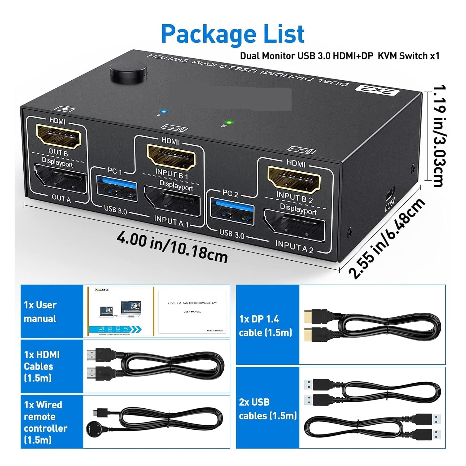 KCEVE DP USB 3.0 Dual Monitors Displayport KVM Switch,Supports For 2 Computers Share Keyboard Mouse And Monitor