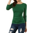 thumbnail image 5 of INSPIRE CHIC Women's Solid Round Neck Long Sleeve Ruched Stretchy Tops M Dark Green, 5 of 8