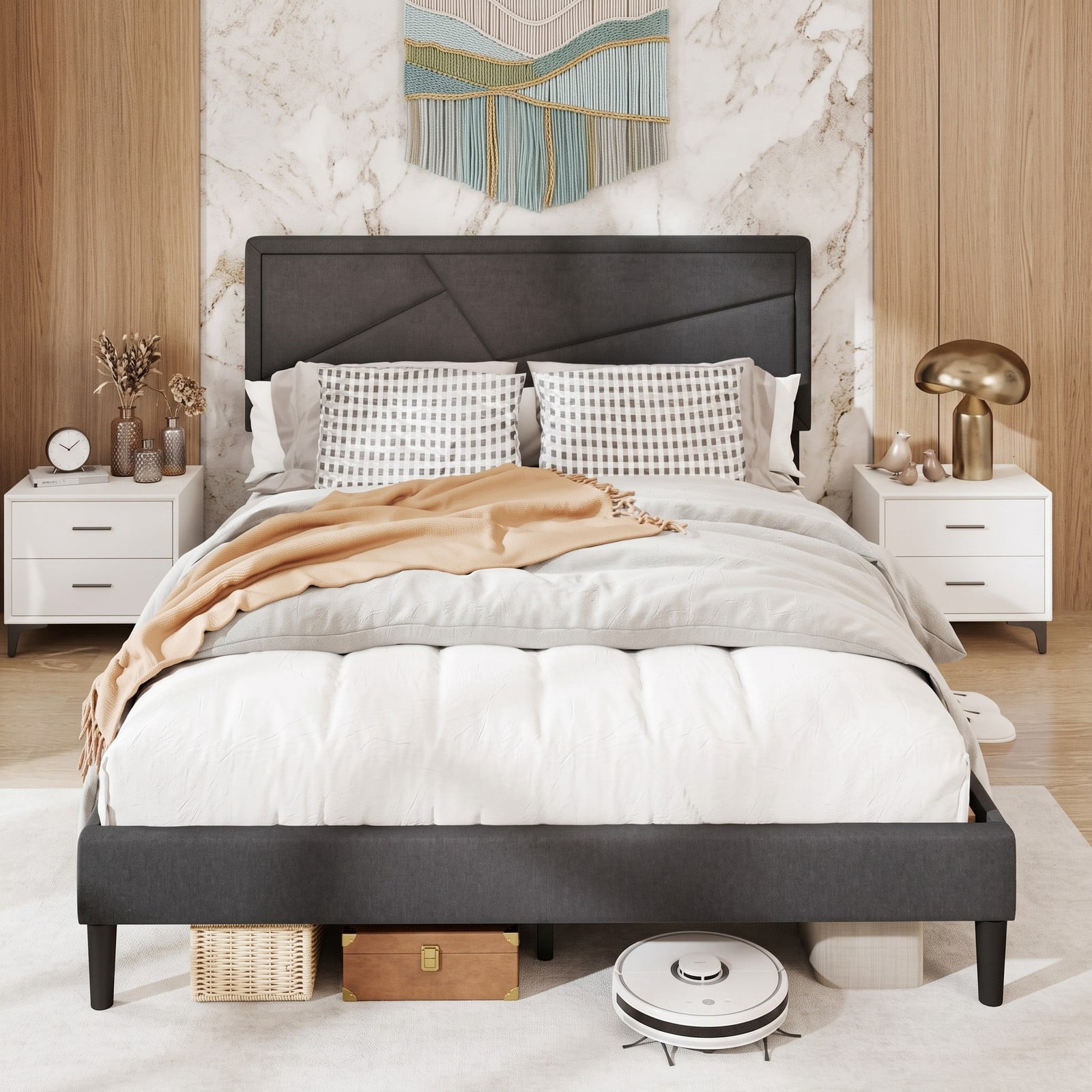 Furnibear Queen Bed Frame with Headboard, Upholstered Platform Bed Frame with 12 Plywood Slats for Modern Bedroom, No Box Spring, Dark Gray