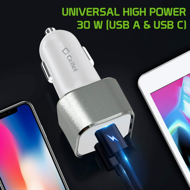 Dual USB Car Charger, Universal High Power 30 Watt Dual (USB A & USB C)  Port Car Charger by Cellet - White