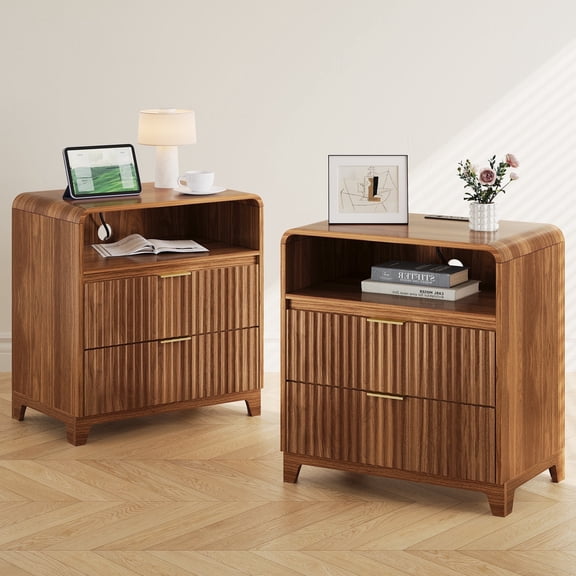 Pikvki Fluted Nightstand Set of 2 with Charging Station, Modern End Table with with Open Shelf and 2 Storage Drawers for Bedroom, Walnut