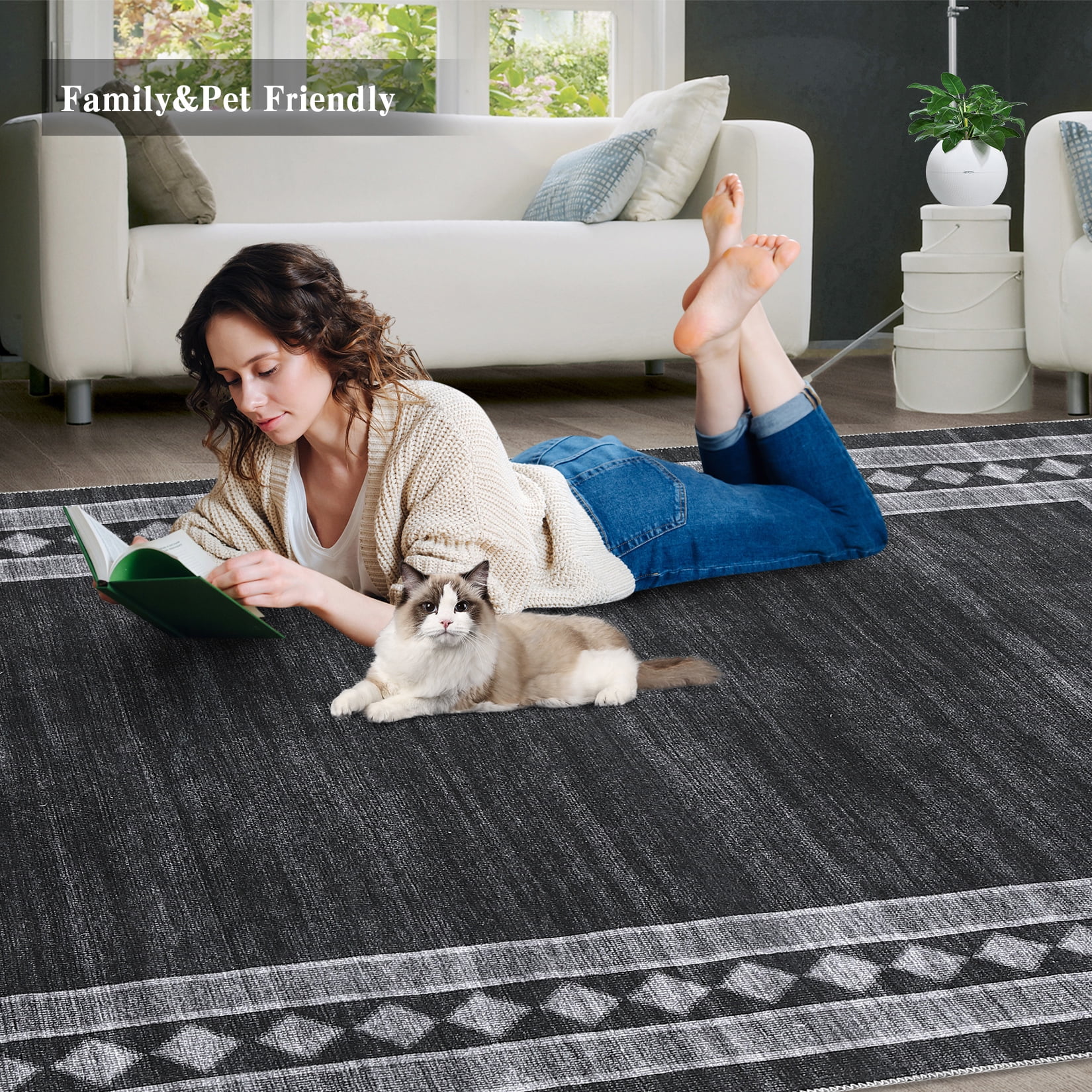 Garvee 10'x13' Modern Area Rug Solid Bordered Rugs, Washable Geometric Neutral Accent Carpet with Non-Slip Backing, Low Pile Stain-Resistant Rug for Living Room Dining Room Home Office, Black