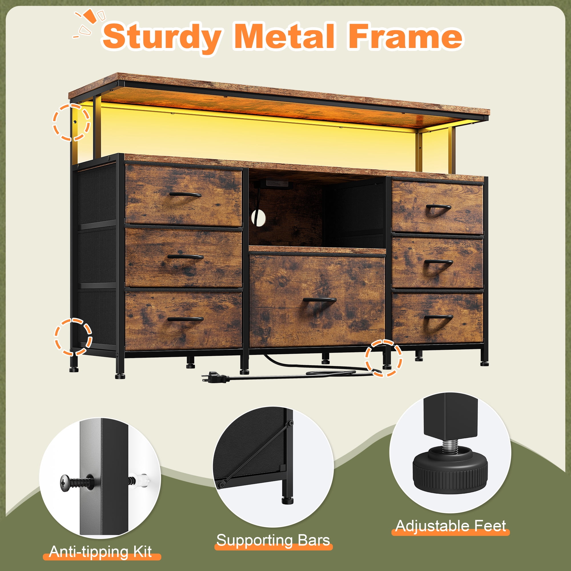 Dresser TV Stand for Bedroom with LED Lights & Power Outlets for 55" TV Wide Dresser for Bedroom with 7 Drawers & Open Shelves for Living Room, Sturdy Frame, Rustic Brown