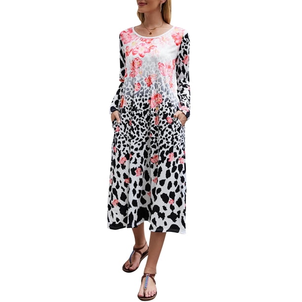 Moda mujer vestido estampado mariposa pez leopardo o cuello manga larga bolsillo vestido casual Abanopi Blanco/Medio