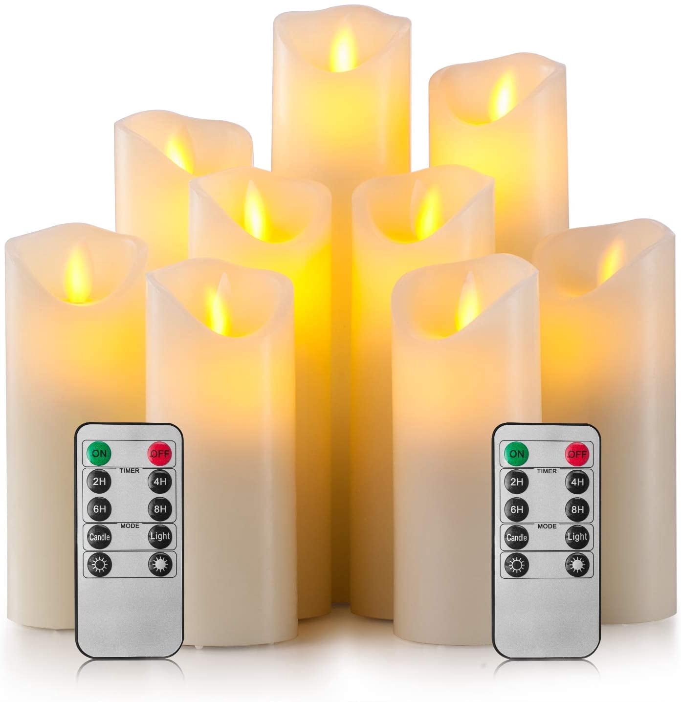 Flameless Flickering Battery Operated Candles 4" 5" 6" 7" 8" 9" Set of 9 Ivory Real Wax Pillar LED Candles with 10-Key Remote and Cycling 24 Hours Timer (Ivory)