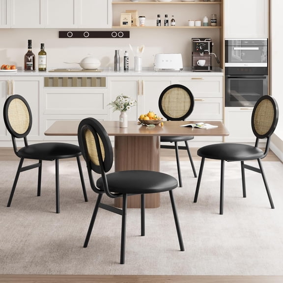 Rattan Dining Chairs, Set of 4, Upholstered Kitchen Chairs, Space Saving, Metal Legs, for Living Room & Dining Room