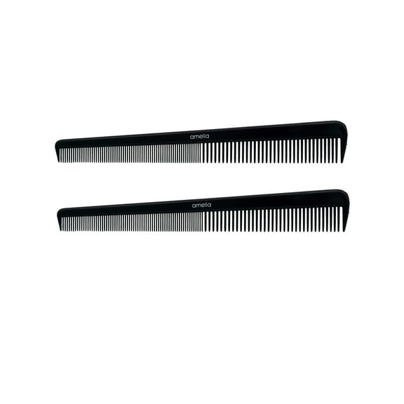 Amelia Beauty, 7in Black Plastic Barber Comb, Made in USA, Professional Grade Pocket Hair Comb, For Blending, Cutting, Portable Salon Barber Shop Everyday Styling Cutting Hair Styling Tool, 2 Pack