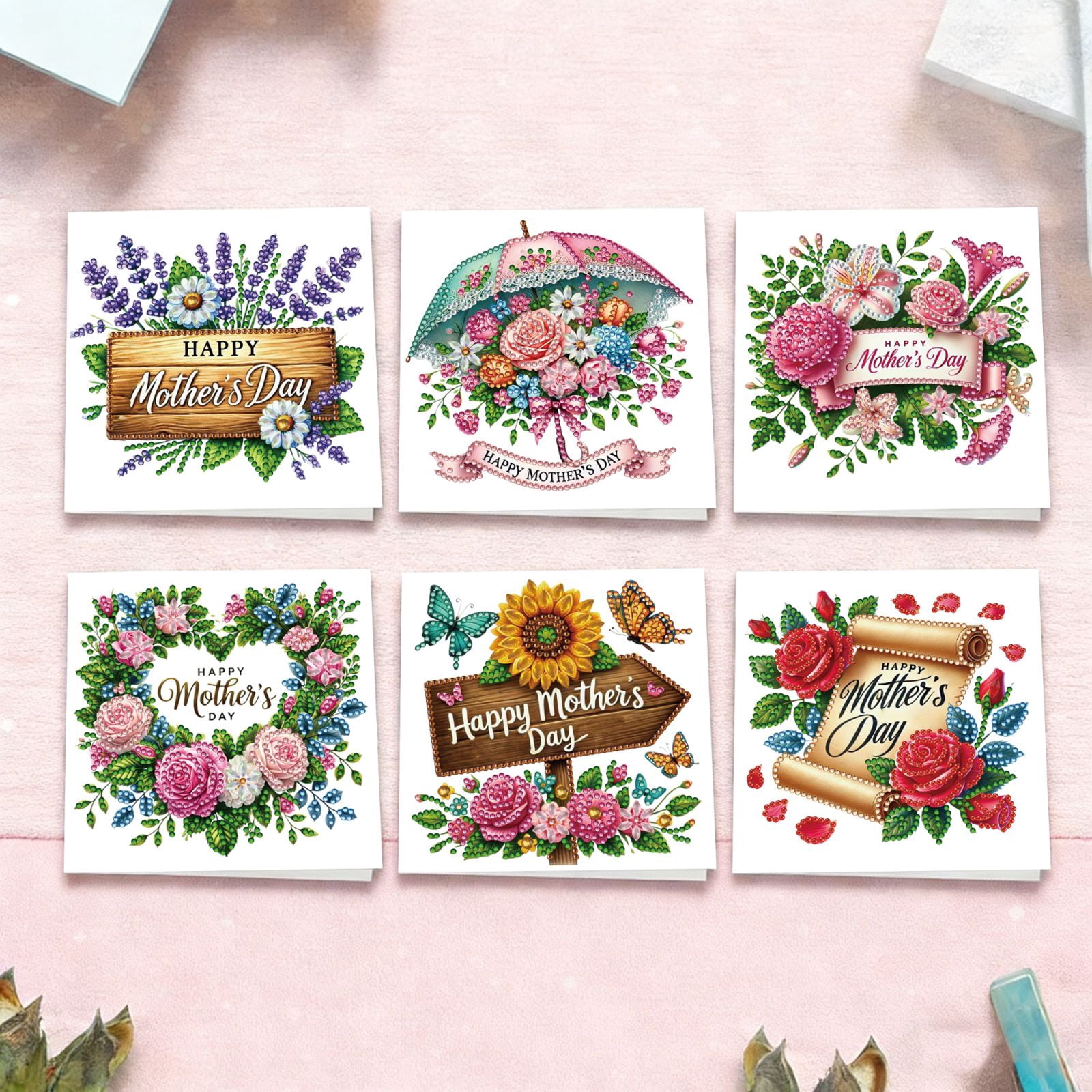 FLOPESN DIY Mother's Day Diamond Art Greeting Card Kit with White Envelope, 5.91X11.81in Flowers Theme, Creative Design Blessing Gift Folding Card Set