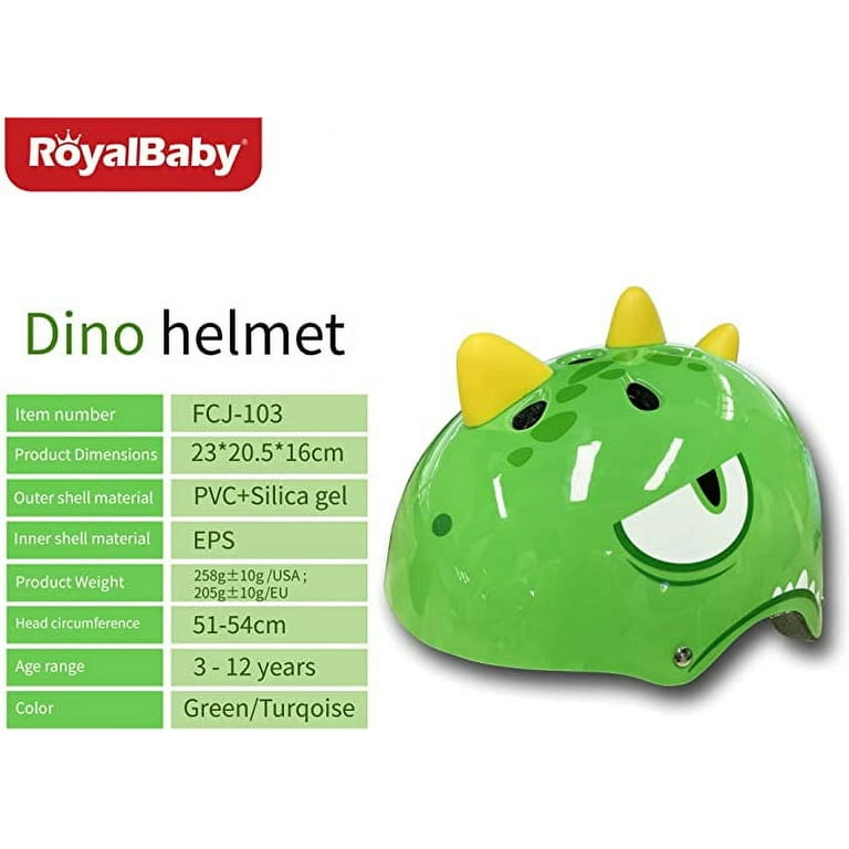 RoyalBaby DINO Kids Bike Helmet Dinosaur Design Multi Sport Helmet Adjustable for Toddler to Children Age 3 12 Years Green