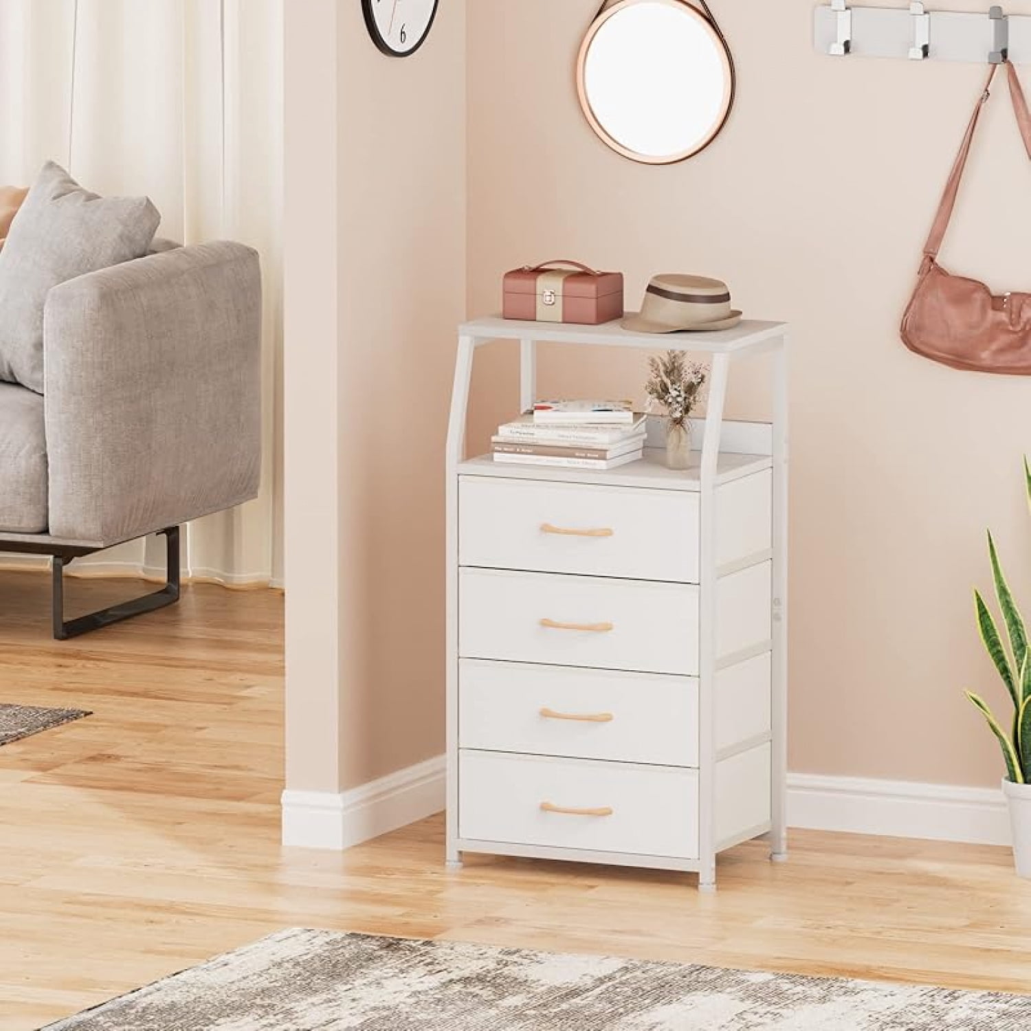 Tall 5 Drawers Dresser, Vertical Storage Tower for Bedroom, Hallway, Entryway, Nursery, Closet Organizer, Nightstand Bedside Table Furniture, Sturdy Steel Frame, Wood Top