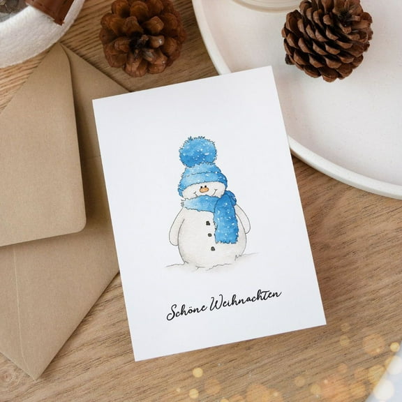 Cute Snowman Christmas Card - "Schöne Weihnachten" Greeting Card with Colorful Hat and Scarf - Blank Inside, Envelope Included - Perfect Holiday Greeting for Friends & Family