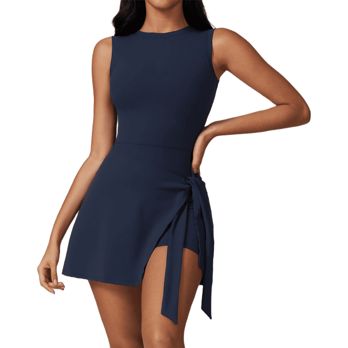 Womens High Neck Tennis Dress Sleeveless Wrap Skirt Built in Shorts Golf Athletic Dress Workout Rompers Badge Blue XL