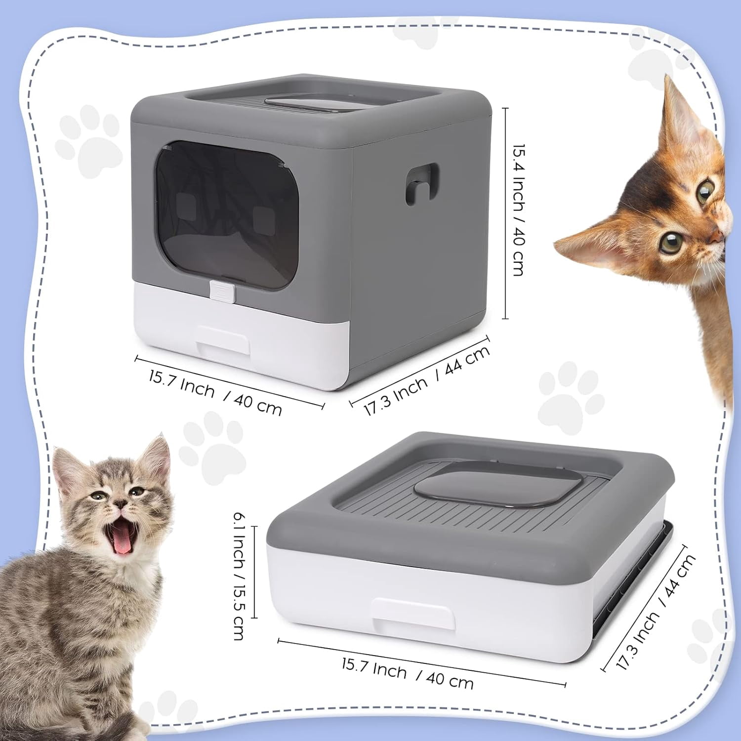 Foldable Enclosed Cat Litter Box with Front Door & Top Entry, Pull-Out Drawer Type, Cat Toilet with Lid, Easy Cleaning and Anti-Splashing Litter Tray with Plastic Scoop (Grey)