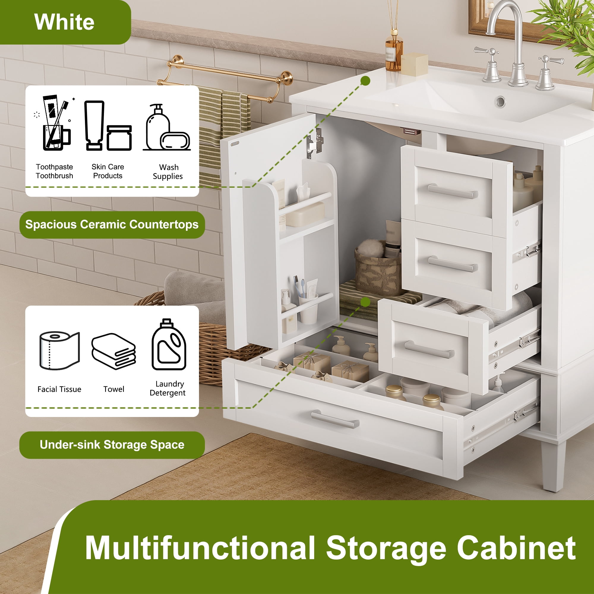 Euroco 30" Bathroom Vanity, Modern Bathroom Cabinet with Sink Combo Set, Bathroom Storage Cabinet with 1 Soft-Closing Door and 3 Soft-Closing Drawers, Solid Wood Frame (White)