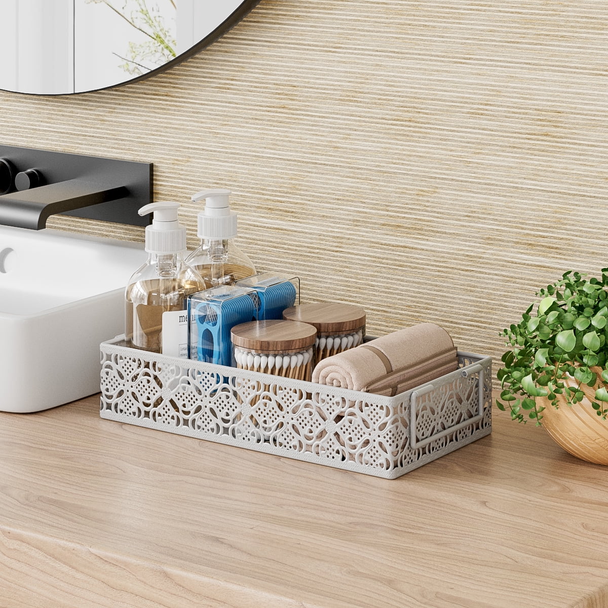 Toilet Tank Topper Paper Basket - White Bathroom Basket Decor Box with Magnetic Paper Towel Holder for Organizing
