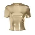 thumbnail image 4 of Women's T-Shirts Casual Solid Short Sleeve Round Neck Blouse Fit Pleated Crop Tops for Everyday Wear, 4 of 4