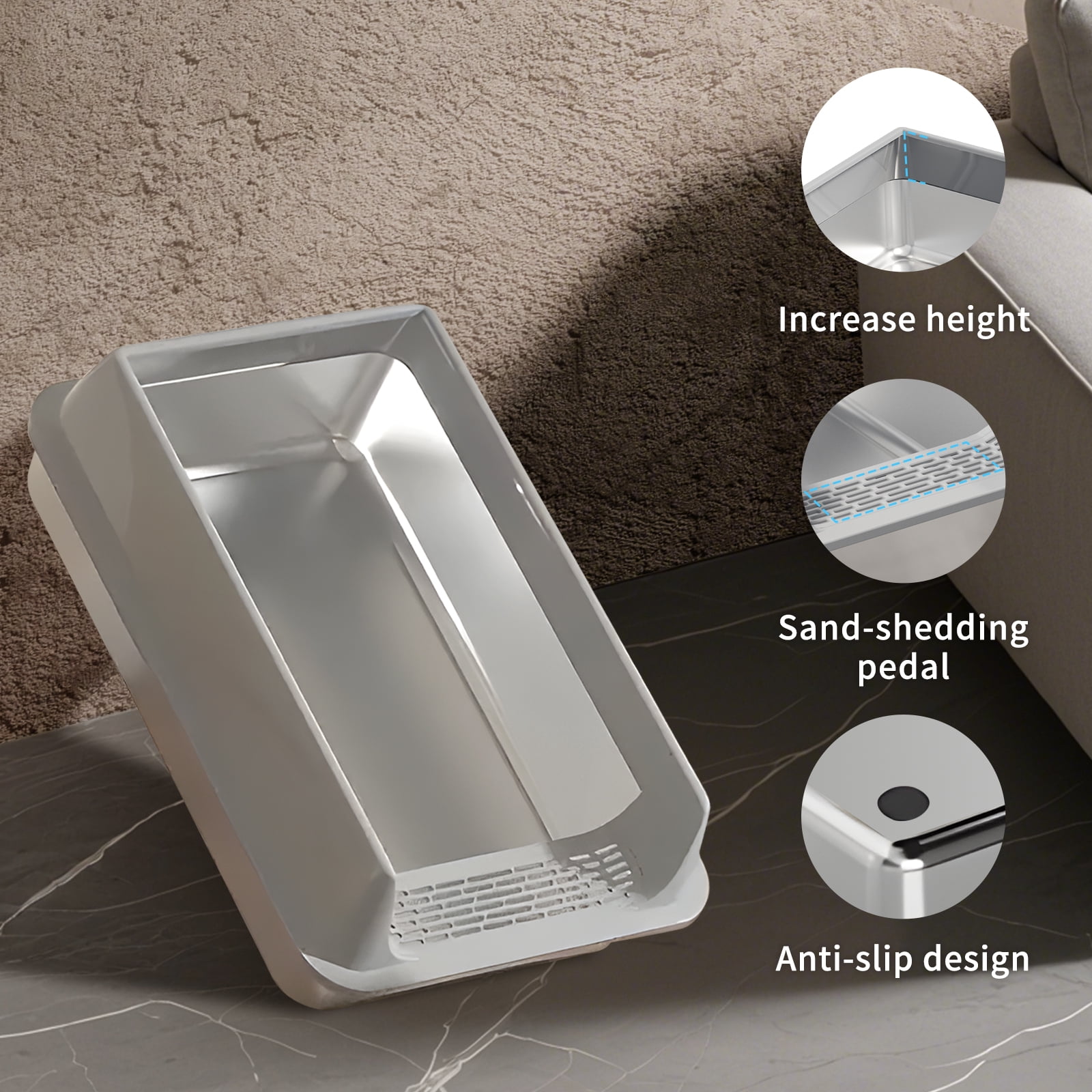 Grey L10 Half‑Enclosed Stainless Steel Cat Litter Box Anti‑Scratch Leak‑Proof Non‑Stick Litter Pan with 15cm Enlarged Deep Basin for All Cat Sizes