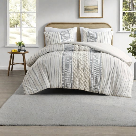 Premium Cotton Bedding Sets White/Navy with Tufted Chenille Design King/Cal King for Luxury Comfort