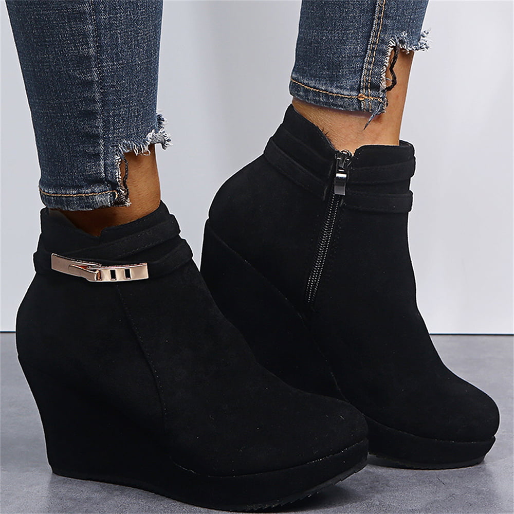 Details about   Womens summer round toe flat heel ankle boots faux suede wedges zippers