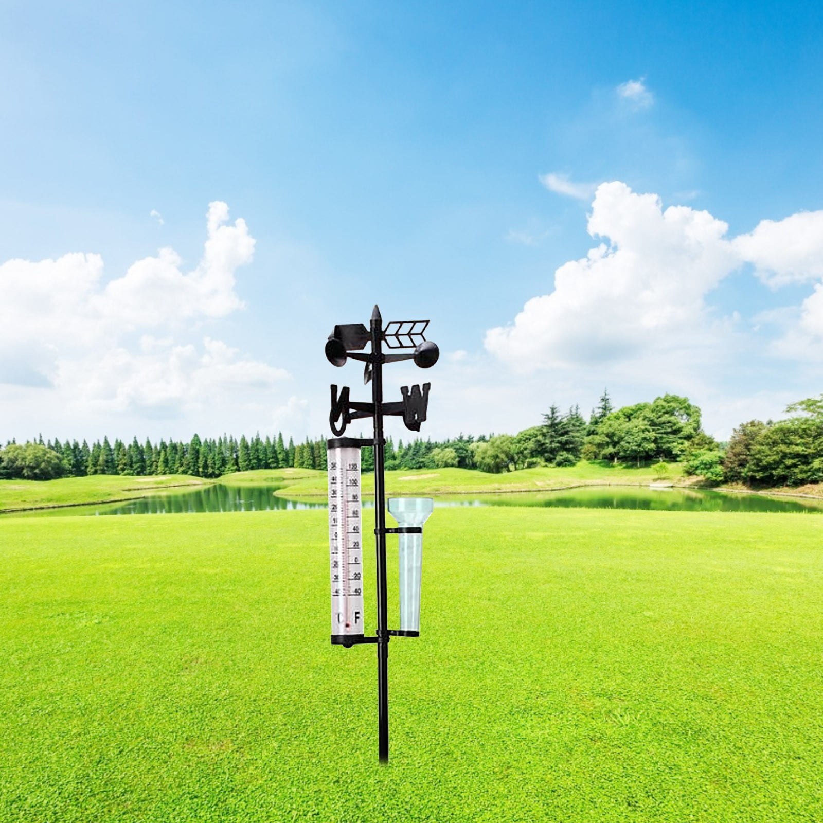 3-in-1 Weather Meter, No-Wire Rain Gauge, Wind Vane Thermometers, Easy Setup Garden Decor, Yard Climate Tracker for Patio Lawn, 55.12in