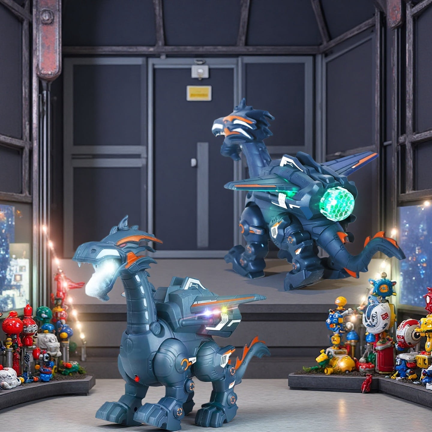 Blue Walking Dinosaur Robot with Mist Spray and LED Lights – Interactive STEM Toy for Kids Ages 3–12, Great Gift for Birthdays and Parties