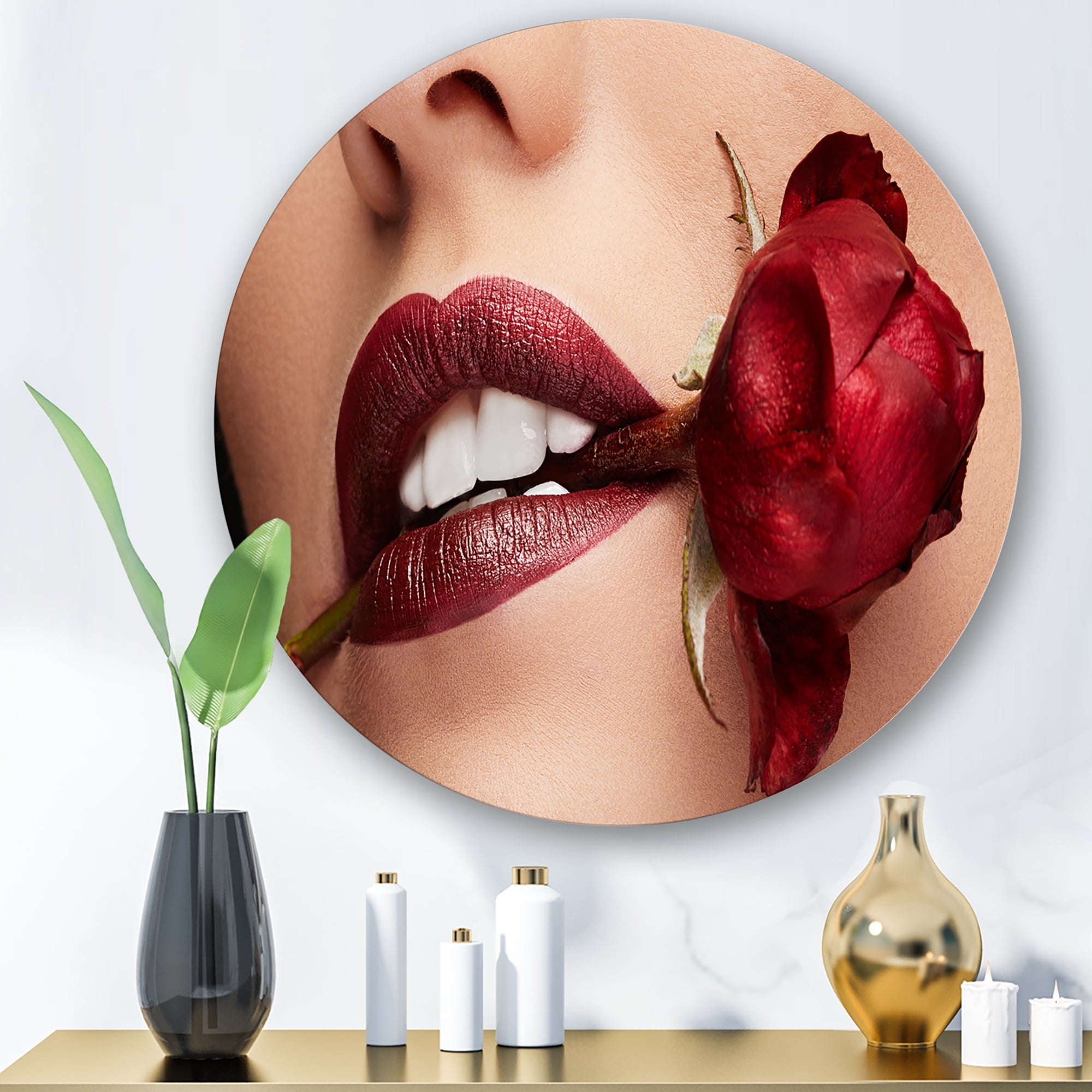 Designart 'Girl With Red Lipstick Holding A Rose In Mouth' Modern Circle Metal Wall Art 23x23 - Disc of 23