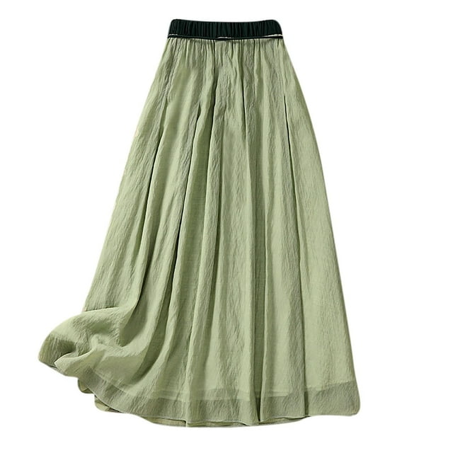 Cinvoph Womens Midi Skirts Plus Size Summer Casual Flowy Swing Skirt Cotton Linen Elastic Waist A-Line Skirts