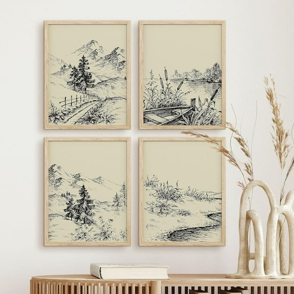 PixonSign Framed Wall Art Duotone Old-Fashioned Forest Tree Posters, Set of 4 Floral Botanical Landscape Canvas Prints, Classic Vintage Nature Wall Décor for Home Decor - 11"x14" Natural
