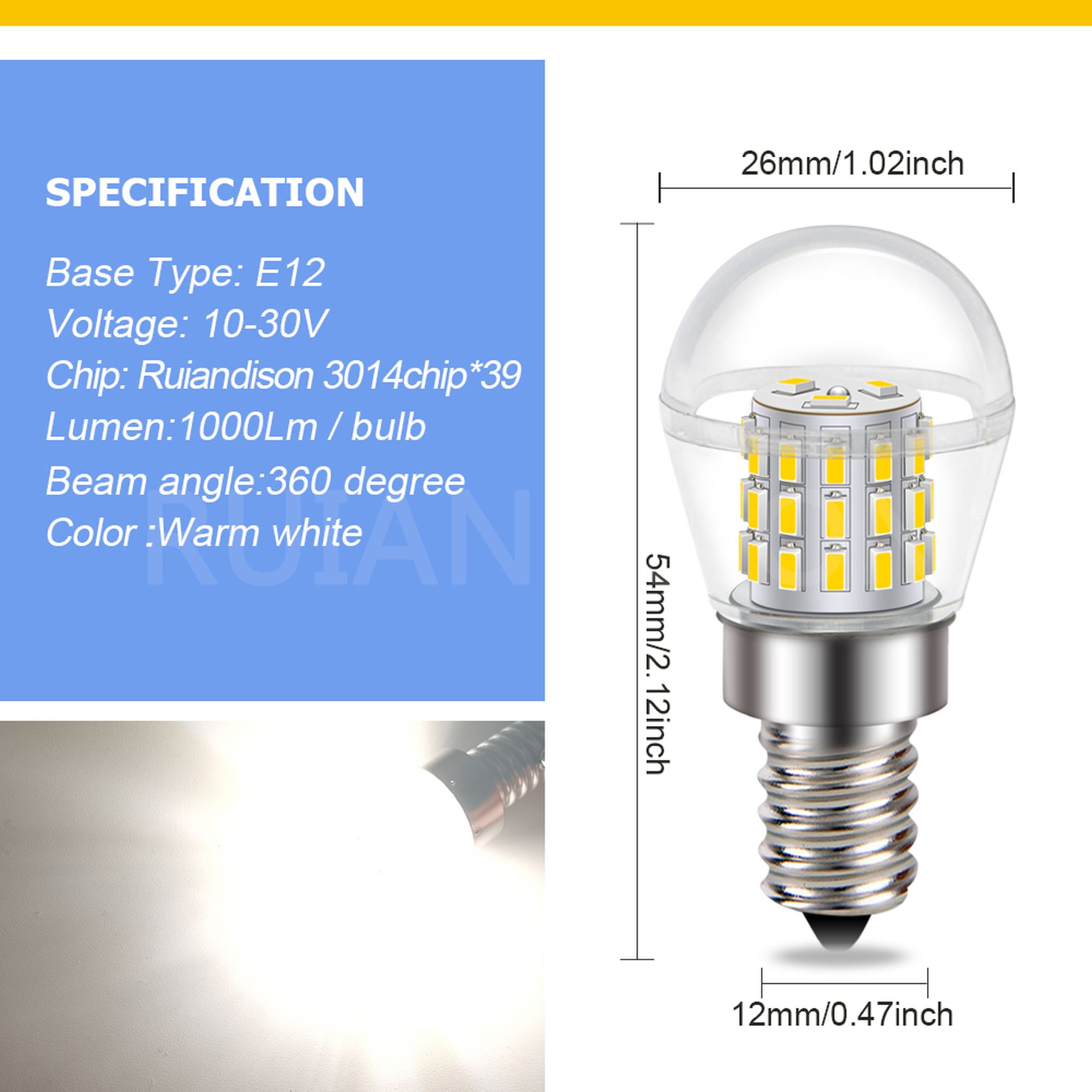 Ruiandsion E12 Small Base LED Bulb 1000 LM 3000K Warm White Wide Voltage 10V-30V Polarity Free for Decorative Lighting,(Pack of 5)