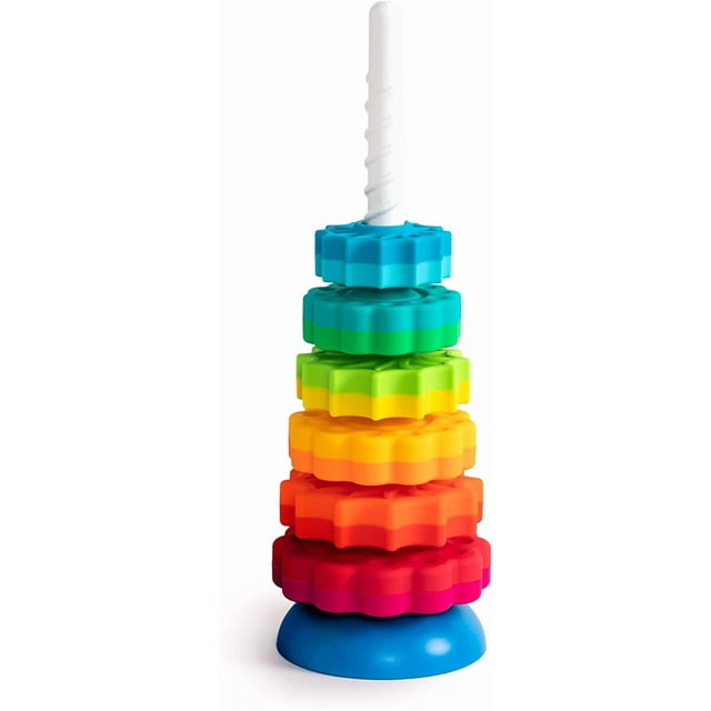 La Torre de Engranajes Infinitos. Un colorido juguete apilable para niños pequeños, con engranajes giratorios. Un juguete educativo para niños a partir de 12 meses.