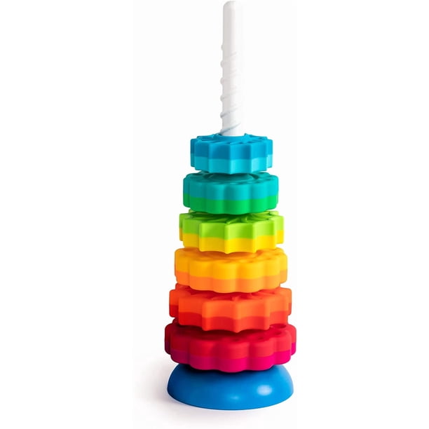 La Torre de Engranajes Infinitos. Un colorido juguete apilable para niños pequeños, con engranajes giratorios. Un juguete educativo para niños a partir de 12 meses.