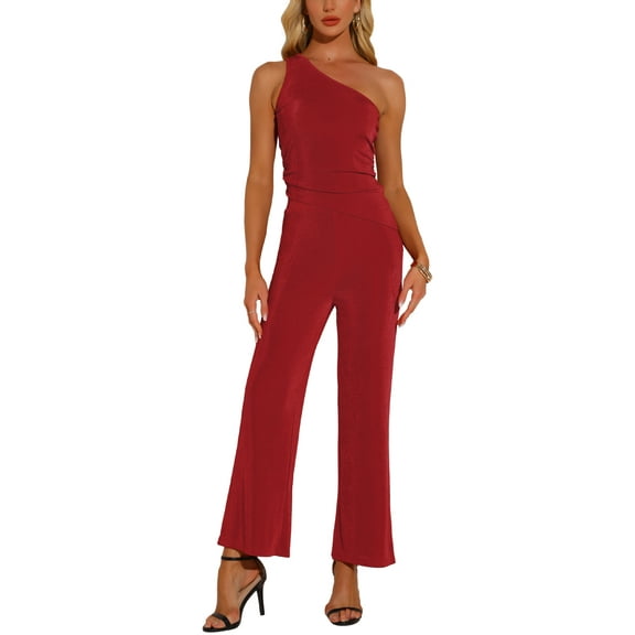 INSPIRE CHIC Women's 2 Piece Casual One Shoulder Sleeveless Crop Top Wide Leg Pants Sweatsuits XS Red