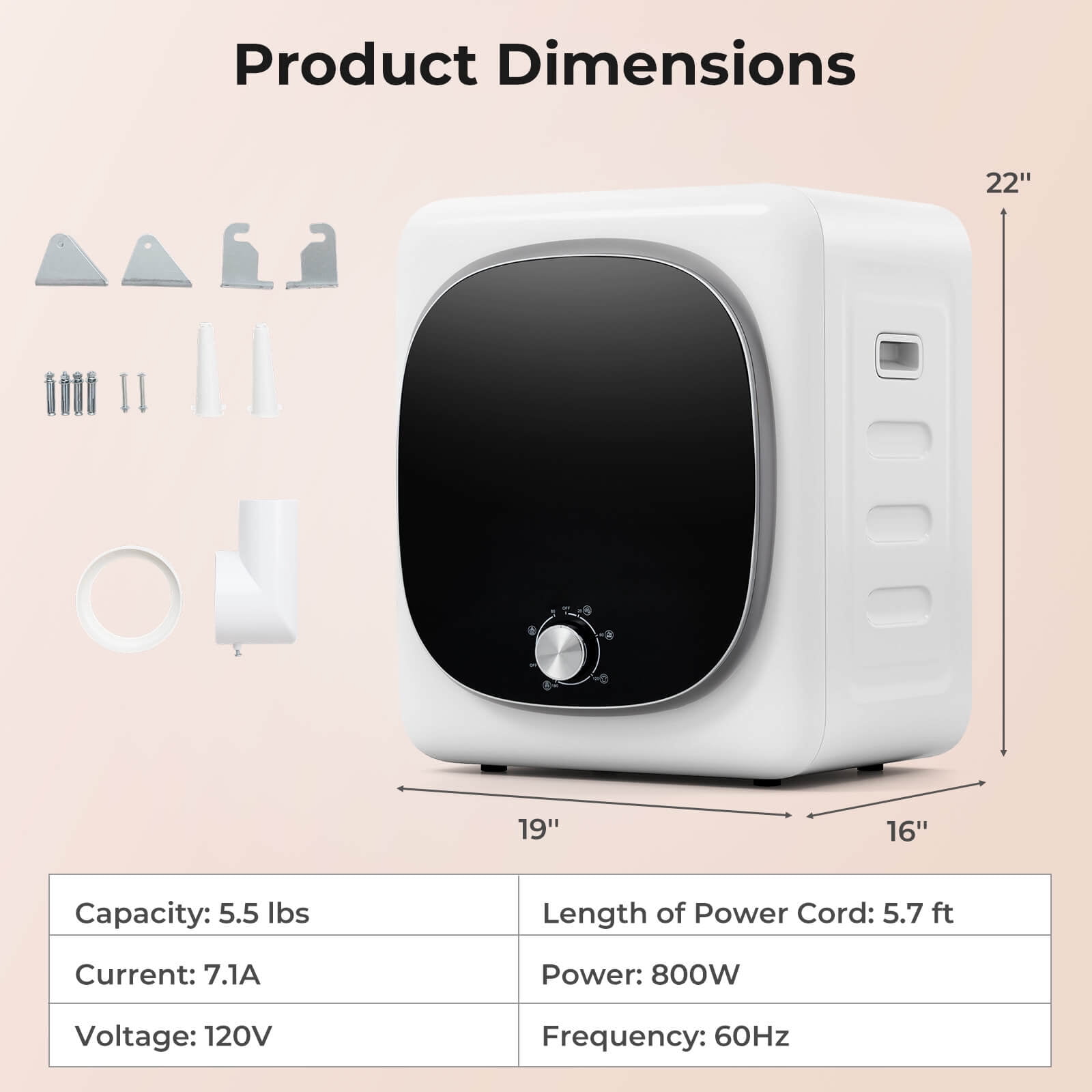 Costway 800W Electric 1.5 cu.ft Compact Drying Machine with Stainless Steel Tub 5 Modes