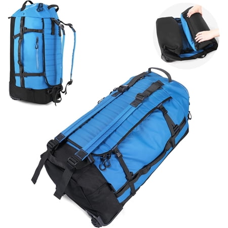 86L Foldable Duffle Bag with Wheels - Rolling Travel Bag, Collapsible Luggage No Telescopic Handle, for Men Women Camping Trips,Blue
