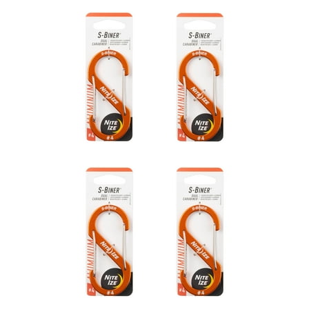 Nite Ize S-Biner Aluminum Dual Carabiner - Durable Dual Carabiner with Wire Gate Closure - Carabiner for Organizing Keys & Gear Attachments - Size 4, Orange (4 Pack)