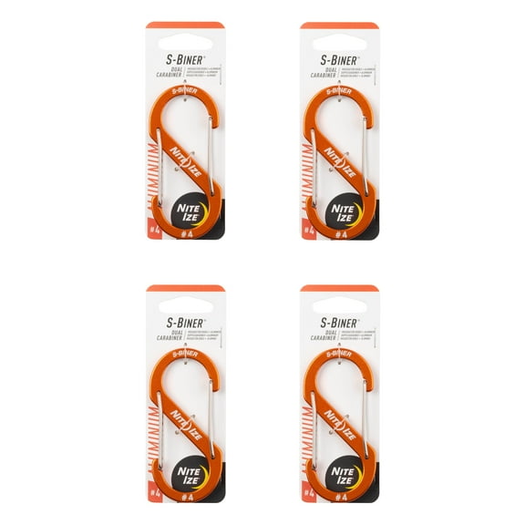 Nite Ize S-Biner Aluminum Dual Carabiner - Durable Dual Carabiner with Wire Gate Closure - Carabiner for Organizing Keys & Gear Attachments - Size 4, Orange (4 Pack)