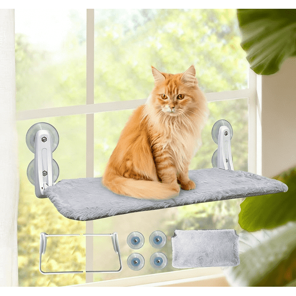 L&W BROS. Cat Window Perch Indoor Foldable Hammock with 4 Updated Suction Cups Easy to Assemble for Heavy Large Cats (M 1Pc)