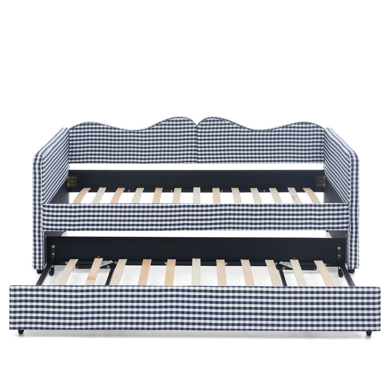 Twin to King Size Daybed with Trundle, Gingham Upholstered Day Bed Frame with Side Storage Pocket and Wave Backrest, Sofa Bed Frame for Bedroom, No Box Spring Needed