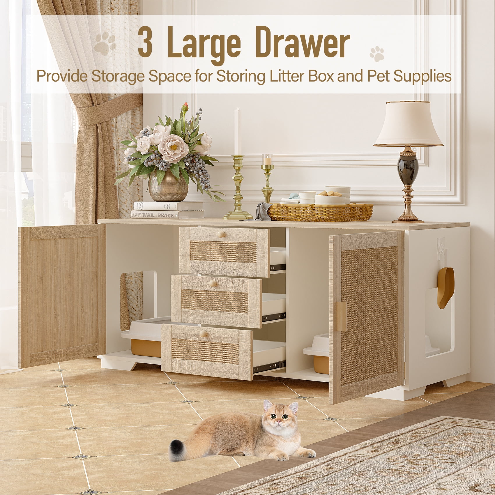 Faceket Cat Litter Box Enclosure Furniture, 55.2" L x 24.2" W x 20.2" H, Hidden Indoor 2-in-1 Wooden Cabinet with Scratching Board Doors & 3 Drawers, for 2 Cats, White