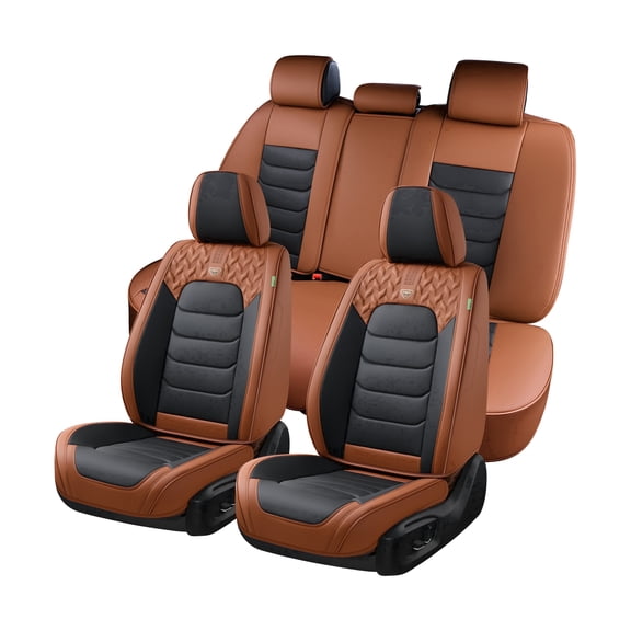 FLORICH Full Set Car Seat Covers, Waterproof Faux Leather Seat Protectors, Comfortable Auto Interior Cushions Fit for Most Cars Suv Trucks, Black & Brown