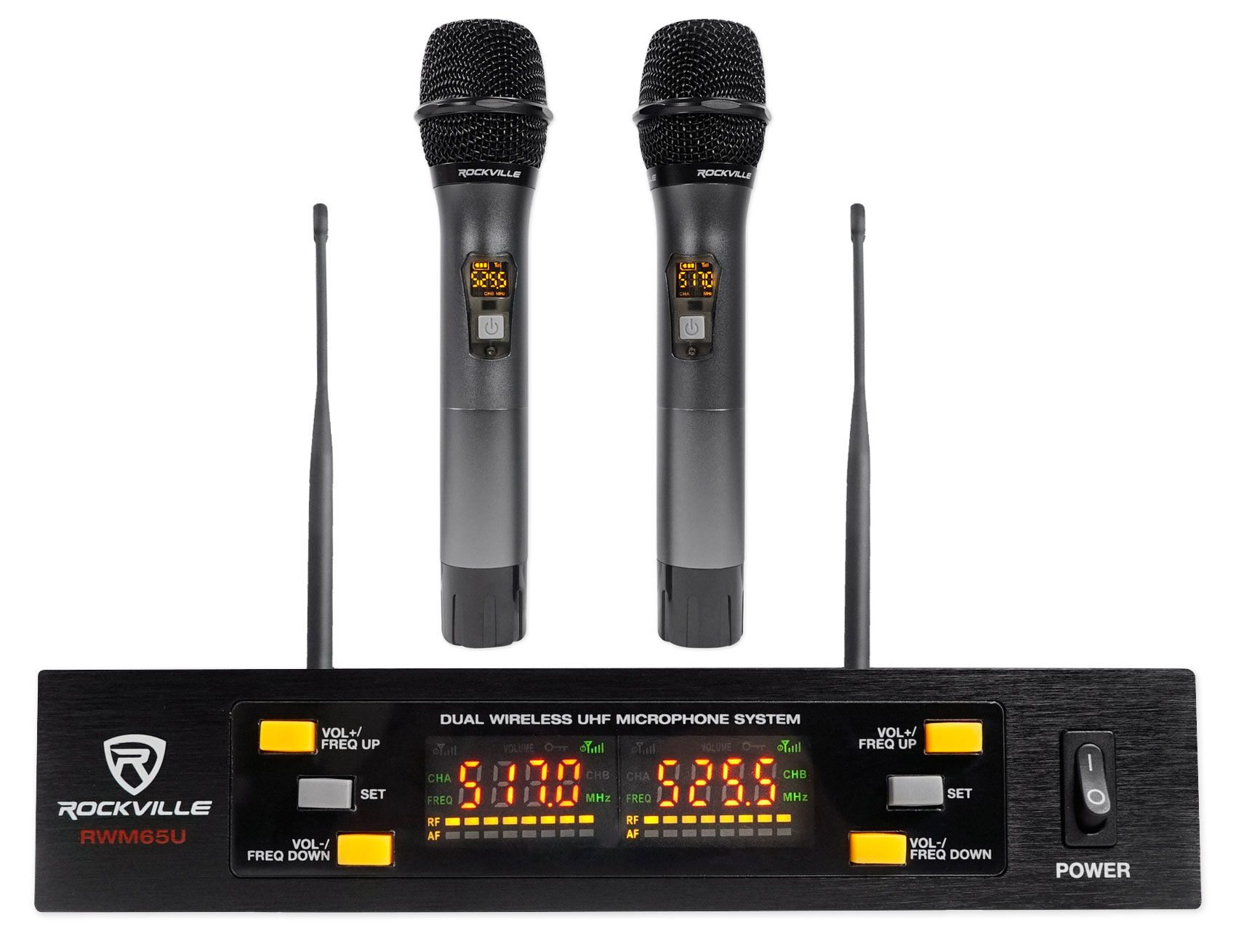 Rockville Dual UHF 15-Ch Metal Handheld Wireless Vocal Karaoke Microphone System