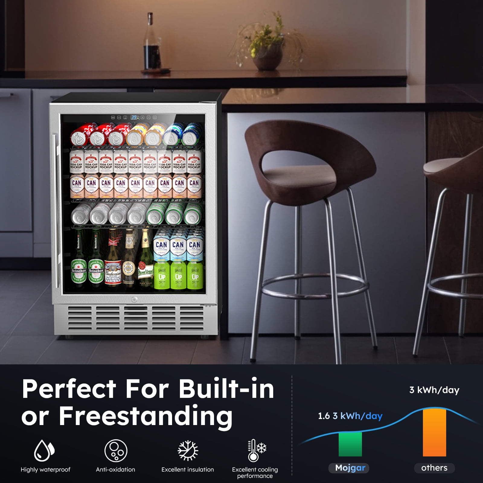 Joreek 24 Inch Beverage Refrigerator & Cooler Under Counter with Safty Lock Outdoor Patio Fridge for Drinks, Soda, Beer, Wine, 37～65°F Adjustable Temperature & Memory