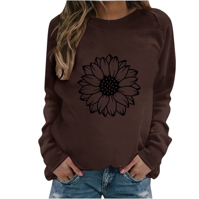 HKEJIAOI Chandail Graphique Tournesol Femme Manches Longues T-Shirt Décontracté Col Rond chandail Ample, B-Brun 2TG