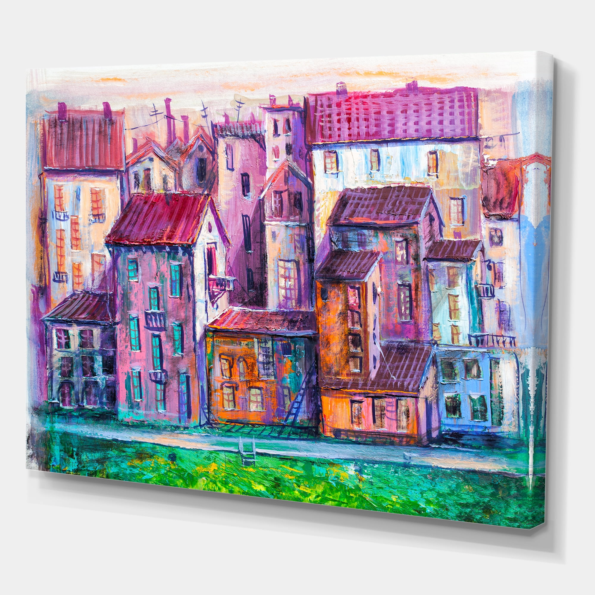 Street With Colorful Old Homes Landscape 32 in x 24 in Painting Canvas Art Print, by Designart