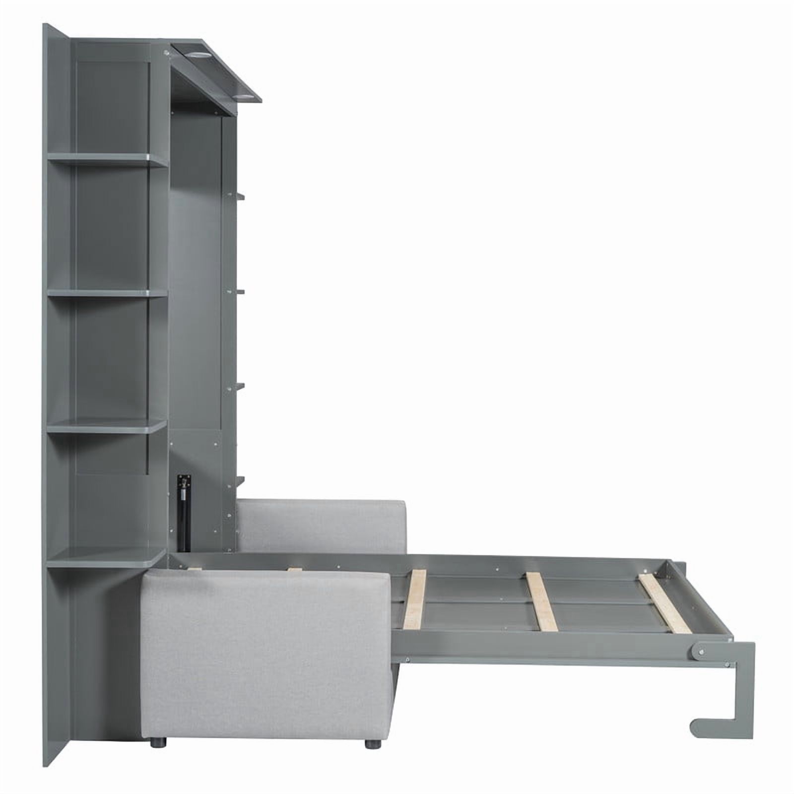 Queen Size Murphy Bed with Sofa, Wooden Wall Bed with Storage Shelves, Folding Platform Bed with Built-in LED Spotlights