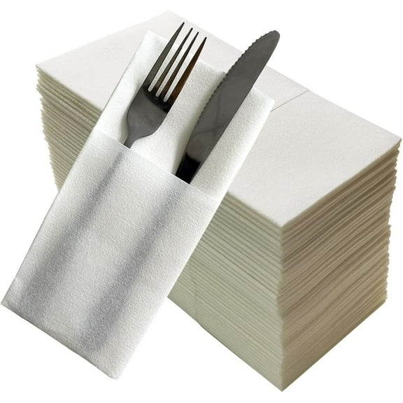 Bexikou 50 Pack White Dinner Napkins with Pocket -Folded Napkins with Pockets for Silverware,Absorbent Disposable Paper Hand Napkins, Banquet Napkins for Wedding Reception, Dinner, Party