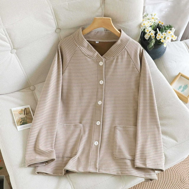 Ropa interior térmica para mujer, pijama de invierno de terciopelo a rayas con cuello en V, manga larga y bolsillo para el hogar, top de poliéster para mujer