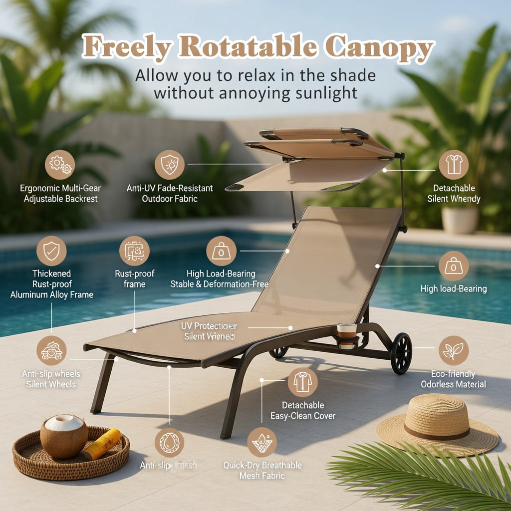 Hommoo Heavy-Duty Adjustable Chaise Lounge Chair with Rotating Sun Canopy, Built-in Cup Holder & Smooth-Rolling Wheels, Outdoor Recliner for Patio, Poolside & Balcony, Brown