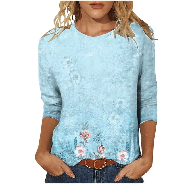 Pompotops T-shirt Ample Imprimé pour Femme Blouse à Manches 3/4 Col Rond Hauts Décontractés Liquidation