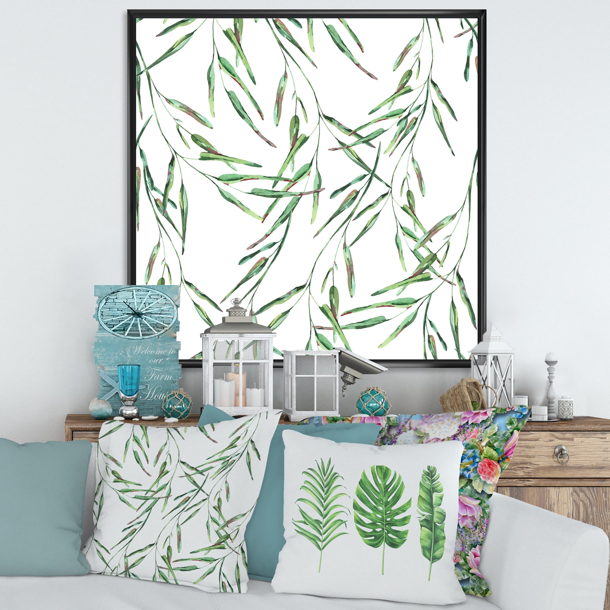 Designart 'Tropical Green Leaves On White In Summer Times II' Tropical Framed Canvas Wall Art Print